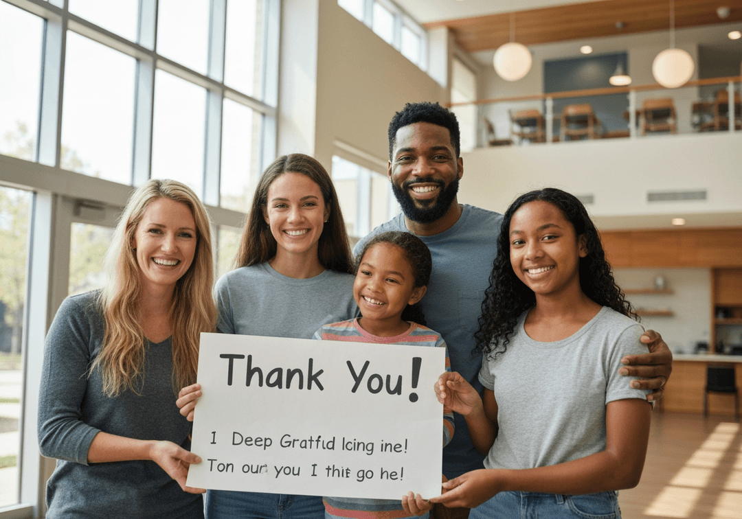 Family holding thank you sign